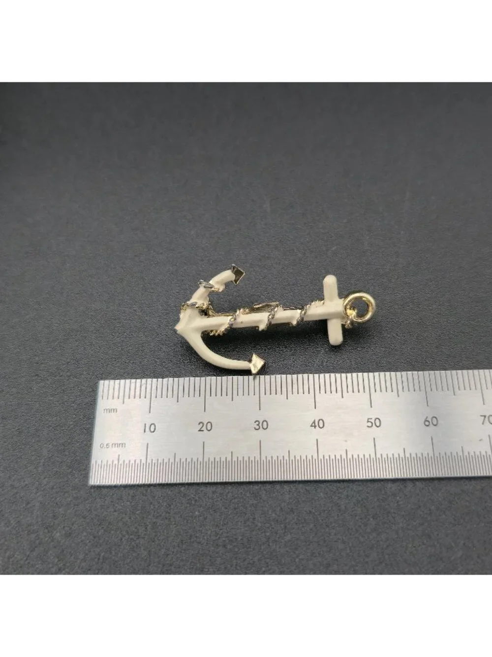 Vintage Cream Enamel Anchor - Gold Tone Nautical Rope Maritime Pin Brooch A8059